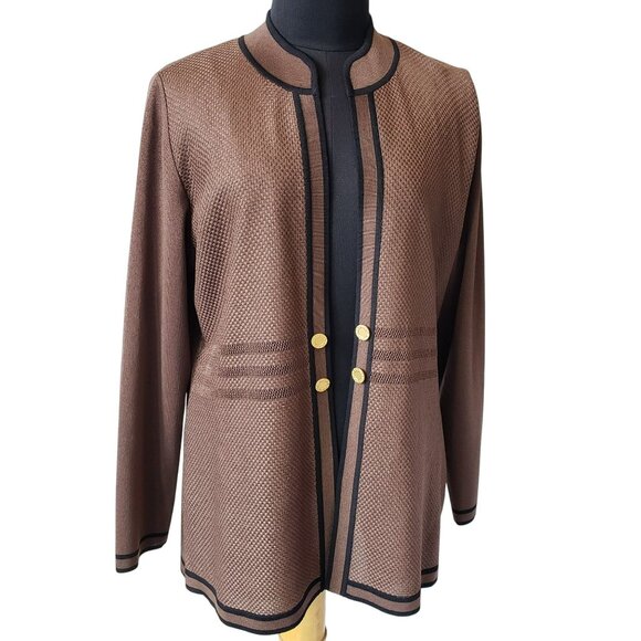 Exclusively Misook Brown Cardigan Black Stripe Trim Gold Button Petite M - Picture 1 of 12